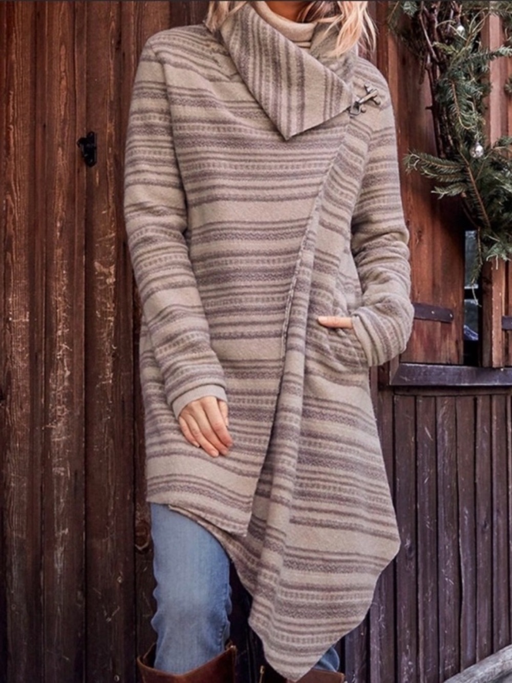 Garnet Hill Asymmetrical Boiled‎ Wool Coat Size 14 Grey Fisherman Rustic Chic